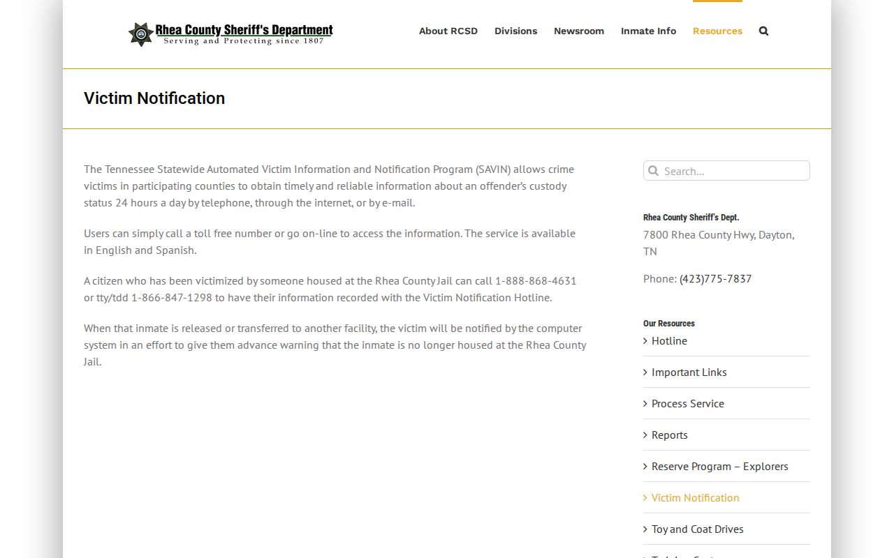 Rhea County criminal docket victim notification resource