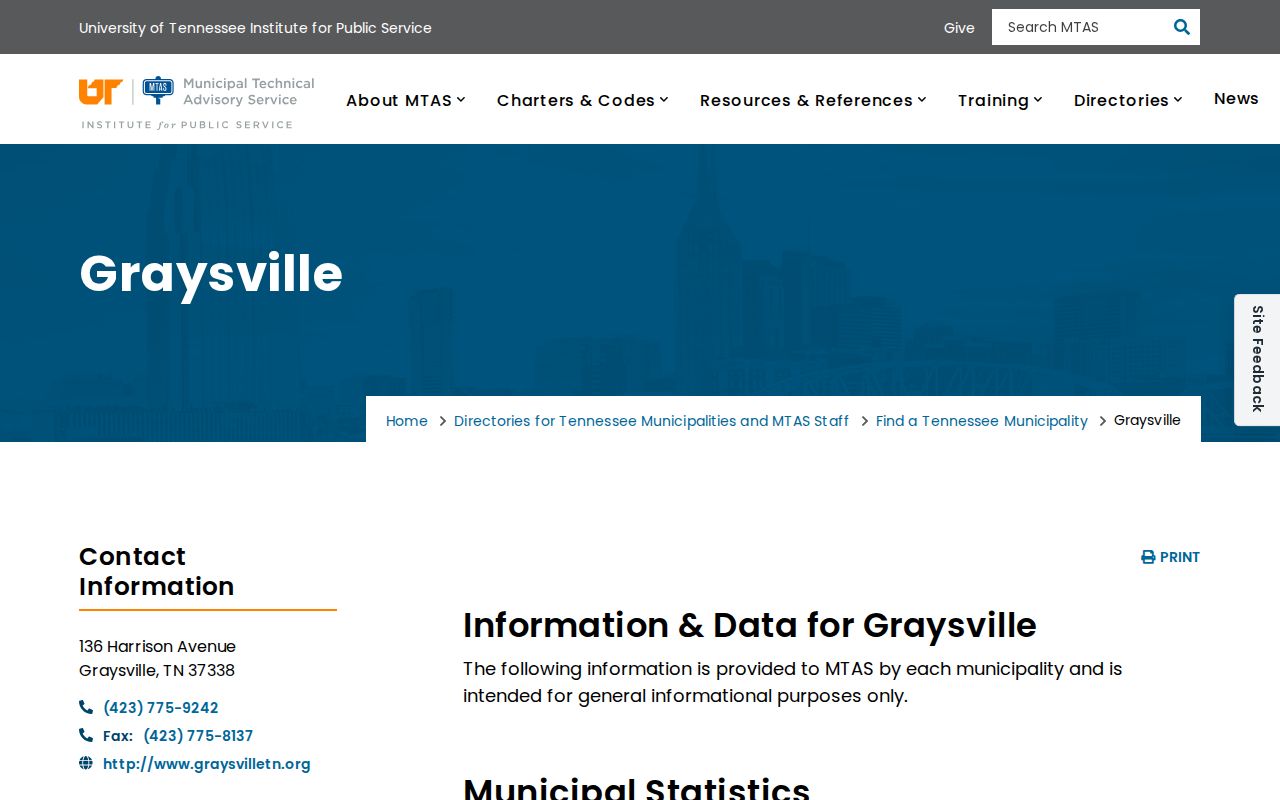 MTAS Graysville directory with charter and municipal code resources