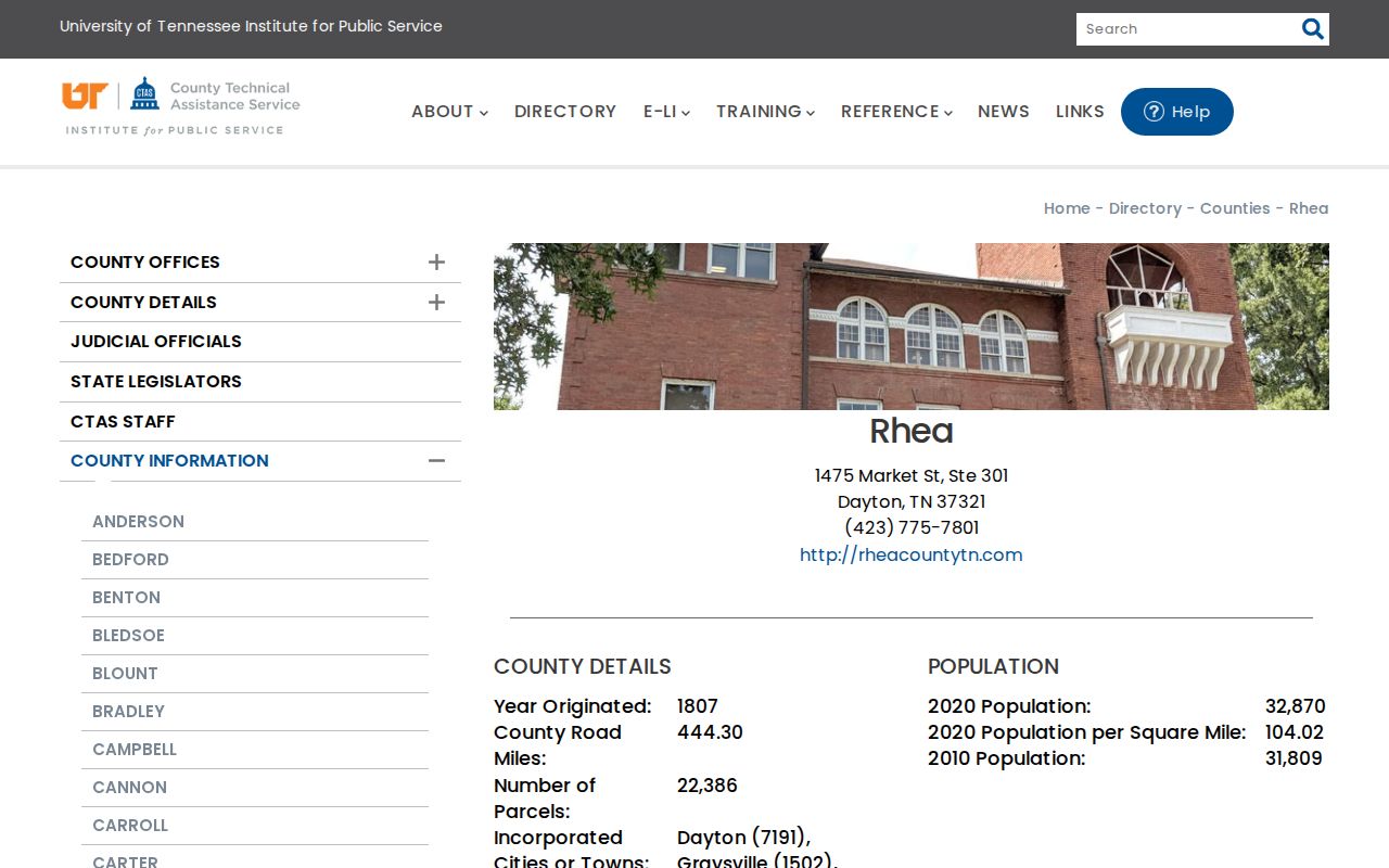 CTAS Rhea County profile with Spring City population and court context