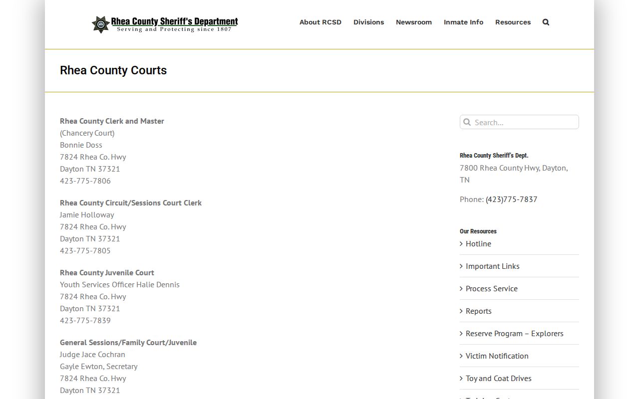 Rhea County court docket directory for county courts